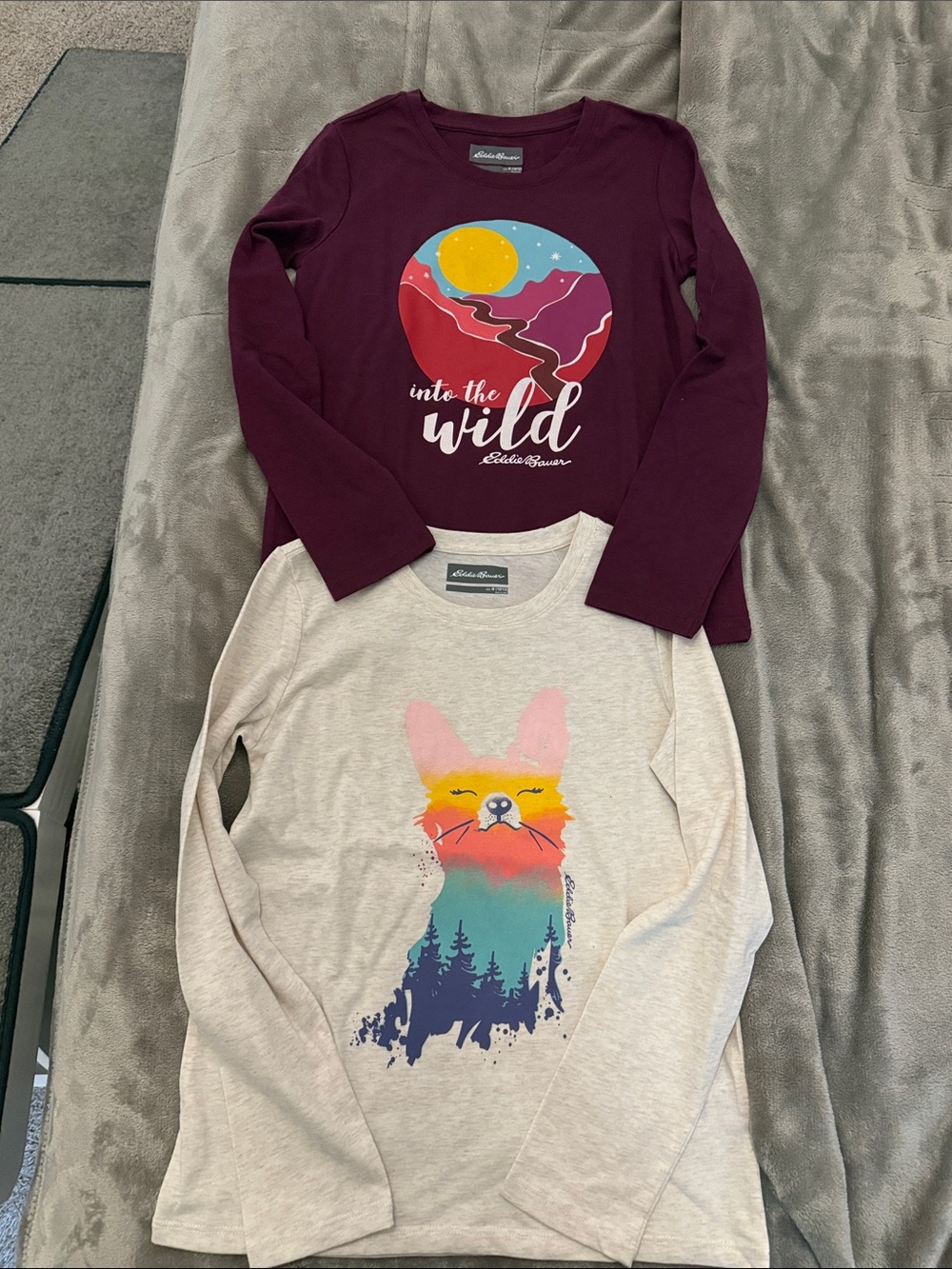 2 like new Eddie Bauer Kids Long-Sleeve Graphic Tees - Burgundy/Cream m 10/12